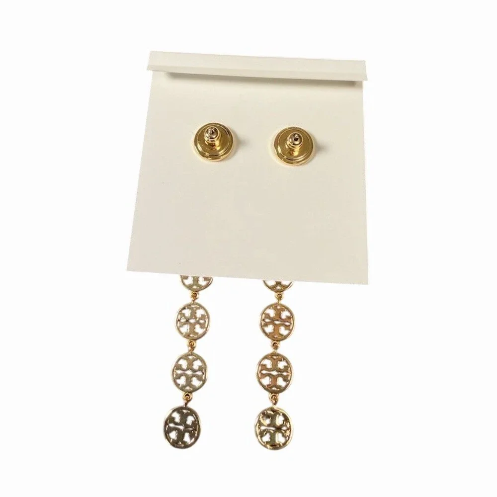 Tory Burch Earrings Gold Logo Linked Disc Linear Drop Dangle Statement
